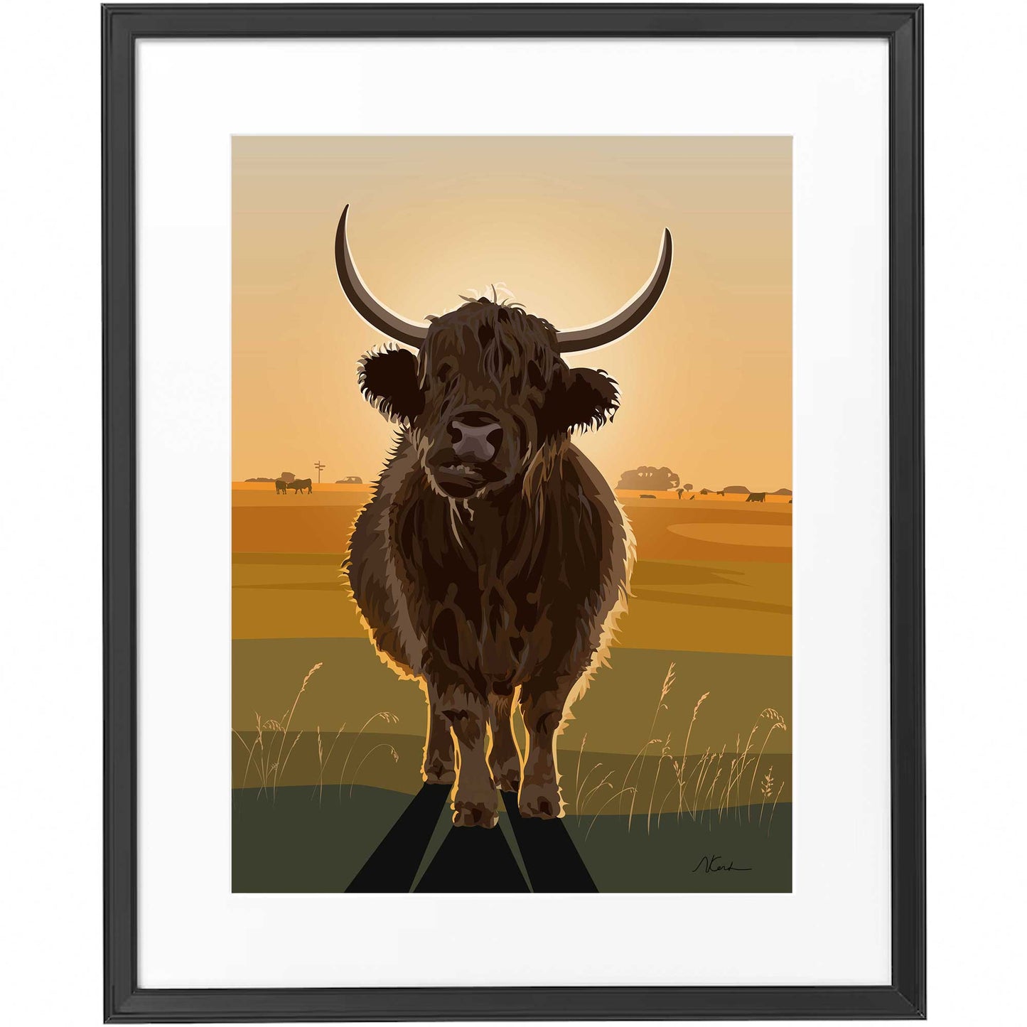 Highland Cow at Sunset - Framed Art Print by Nichola Kent