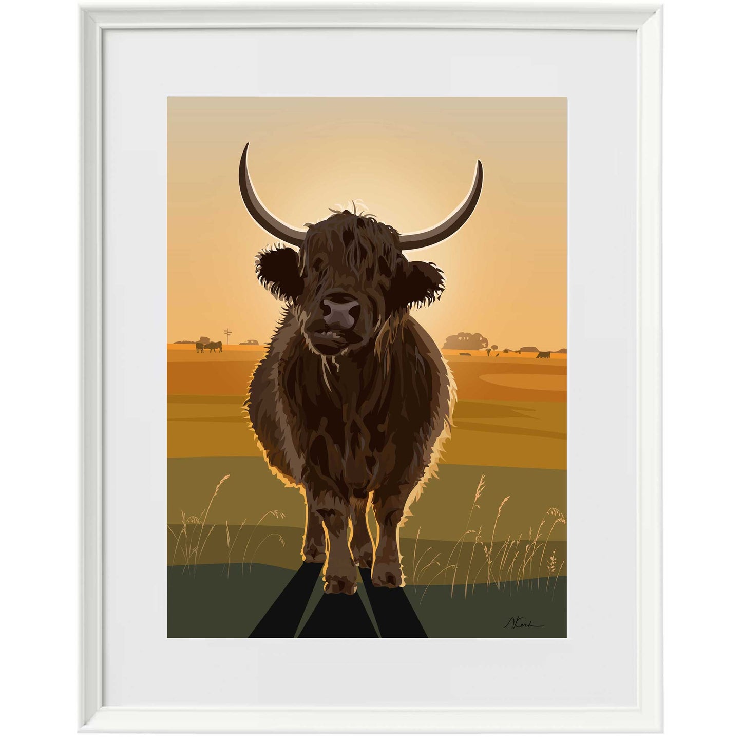 Highland Cow at Sunset - Framed Art Print by Nichola Kent