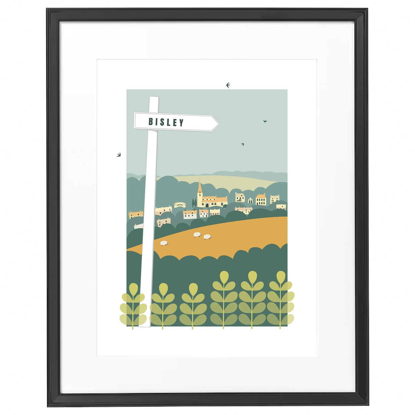 Signposted Bisley - Framed Print - Ochre/Green