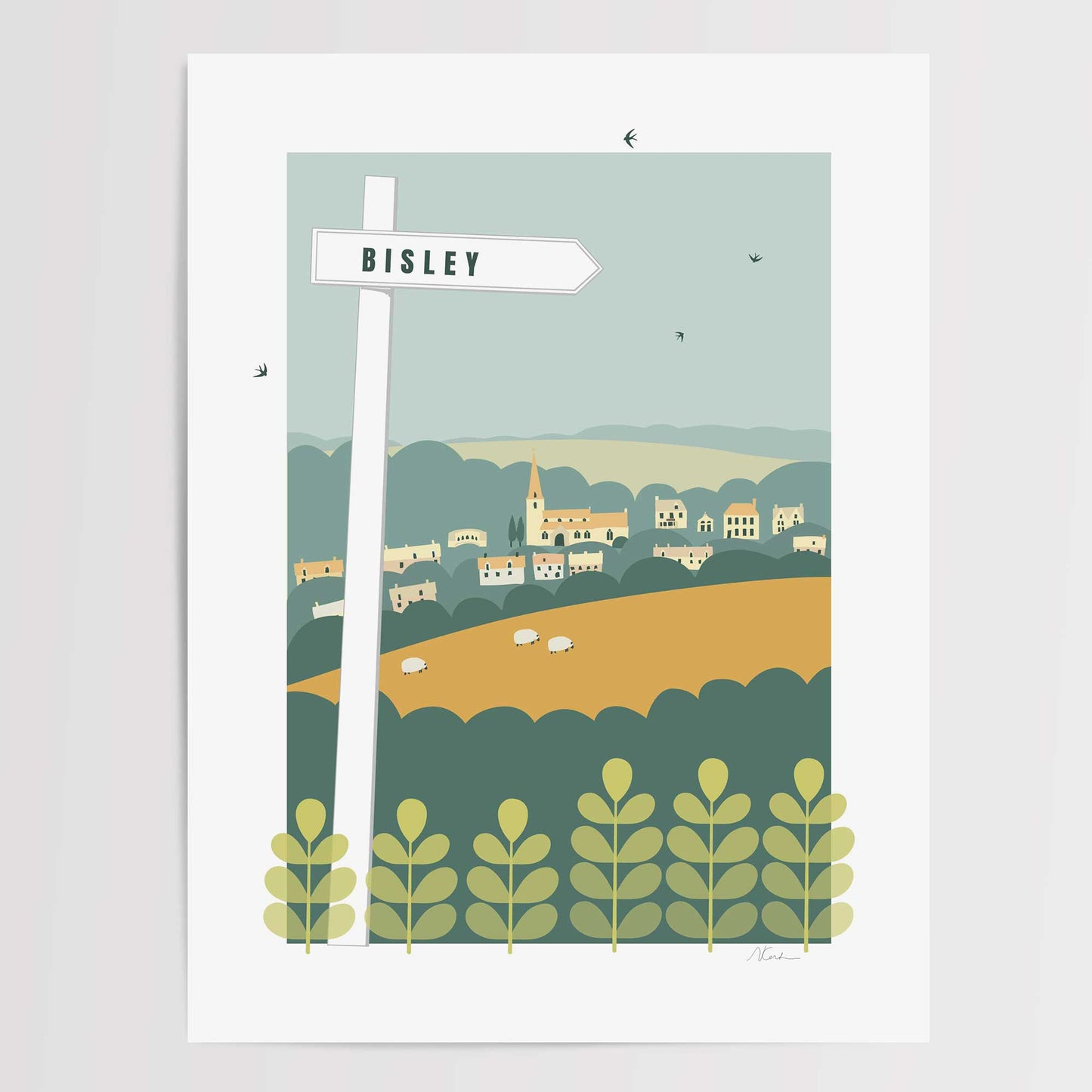 Signposted Bisley - Unframed Print - Ochre/Green