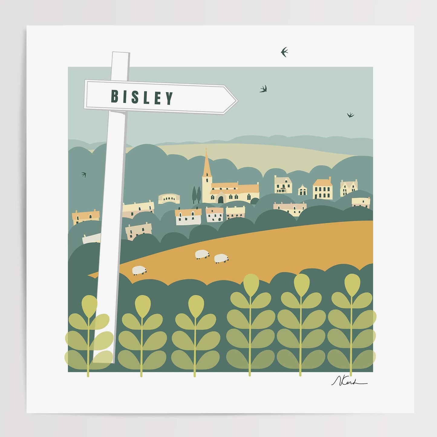 Signposted Bisley - Unframed Print - Ochre/Green