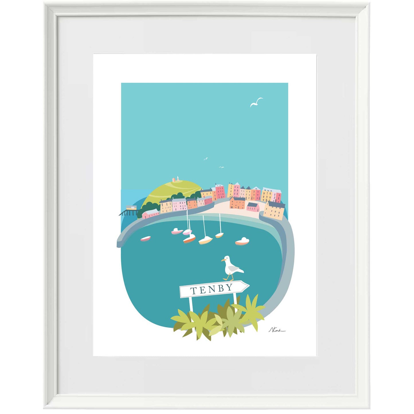 Signposted Tenby - Framed Print - Blue