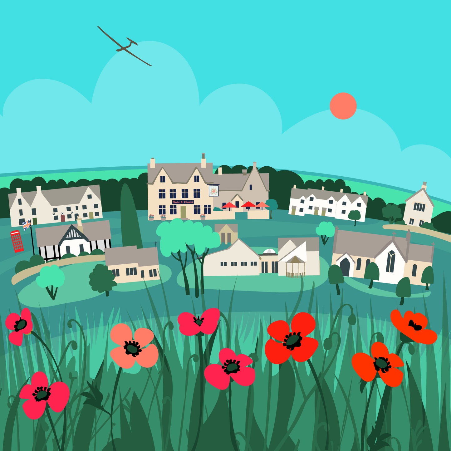 Nympsfield Community Pub Blank Card with Poppies and Blue Sky
