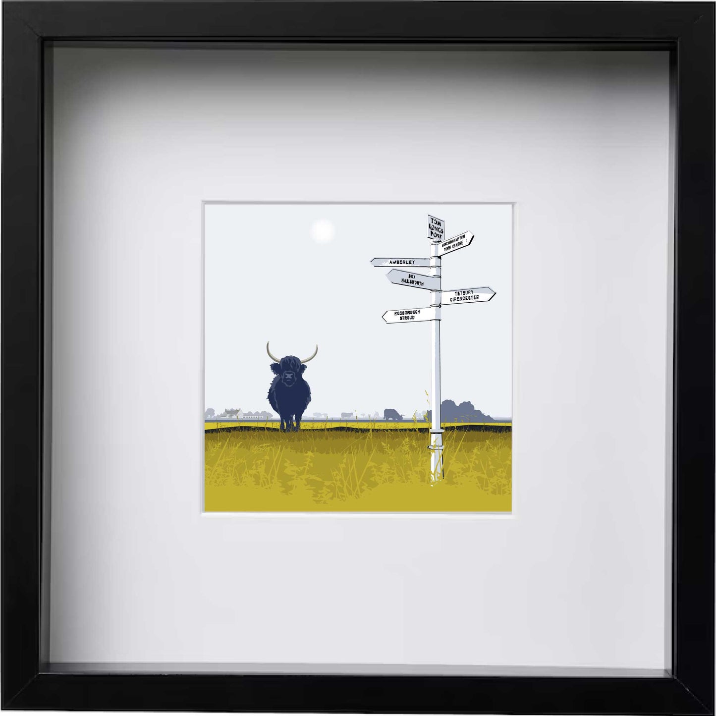 Highland Cows at Tom Longs Post, Minchinhampton Common - Framed Art Print by Nichola Kent