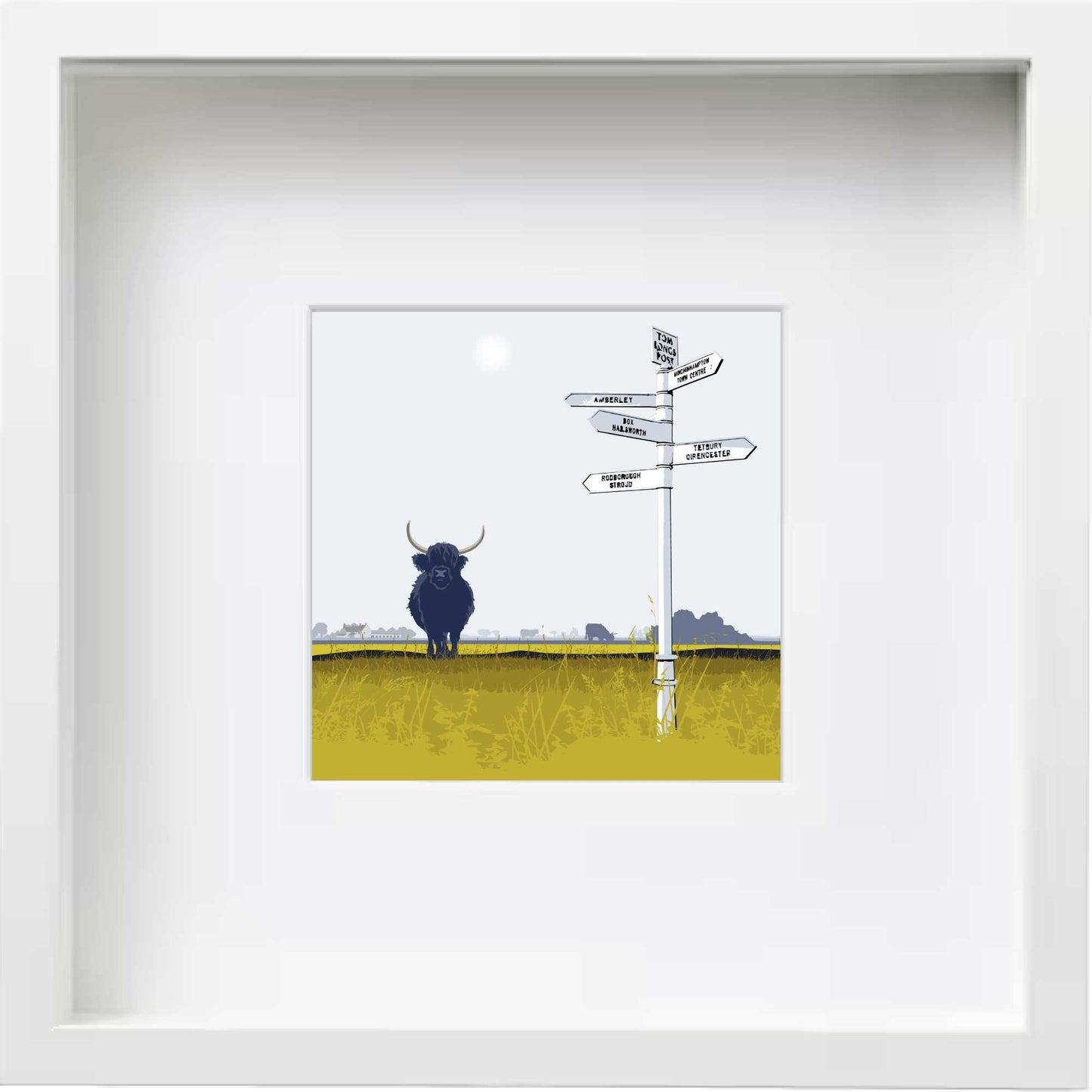Highland Cows at Tom Longs Post, Minchinhampton Common - Framed Art Print by Nichola Kent