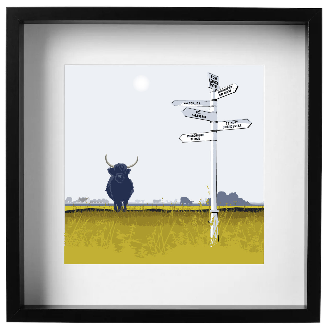 Highland Cows at Tom Longs Post, Minchinhampton Common - Framed Art Print by Nichola Kent