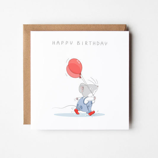 Mouse with Balloons Happy Birthday Card