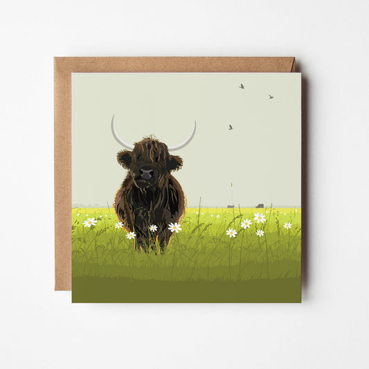 Highland Cow with daisies Blank Card