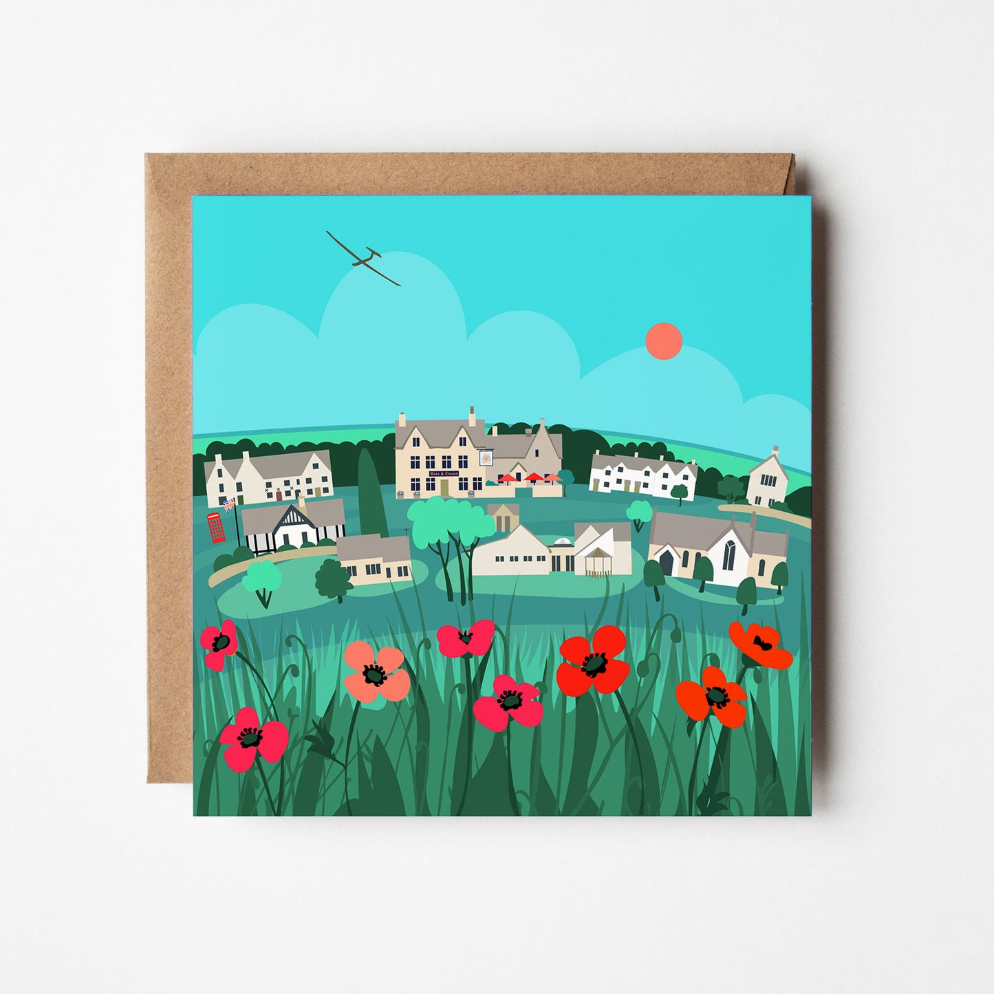 Nympsfield Community Pub Blank Card with Poppies and Blue Sky