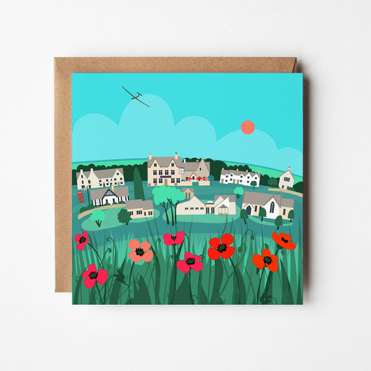 Nympsfield Community Pub Blank Card with Poppies and Blue Sky