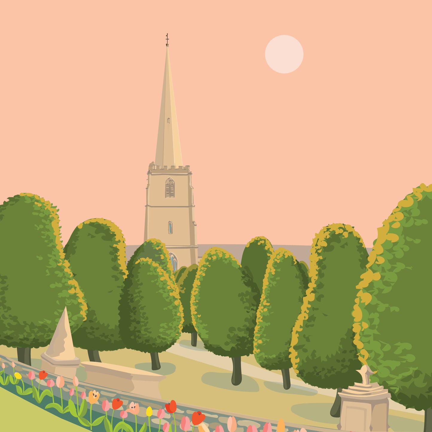 Painswick Church with apricot sky Blank Card