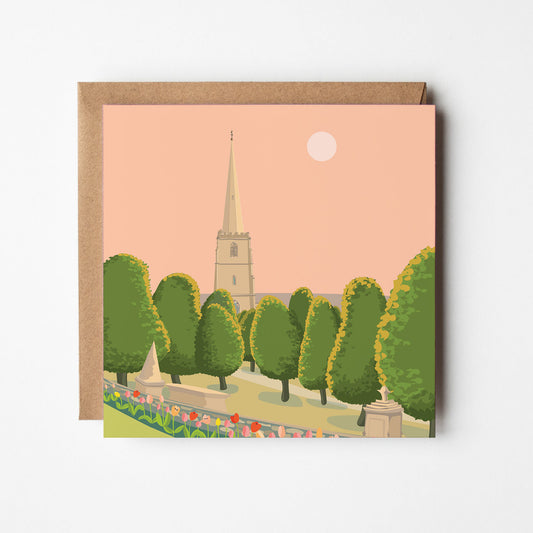 Painswick Church with apricot sky Blank Card