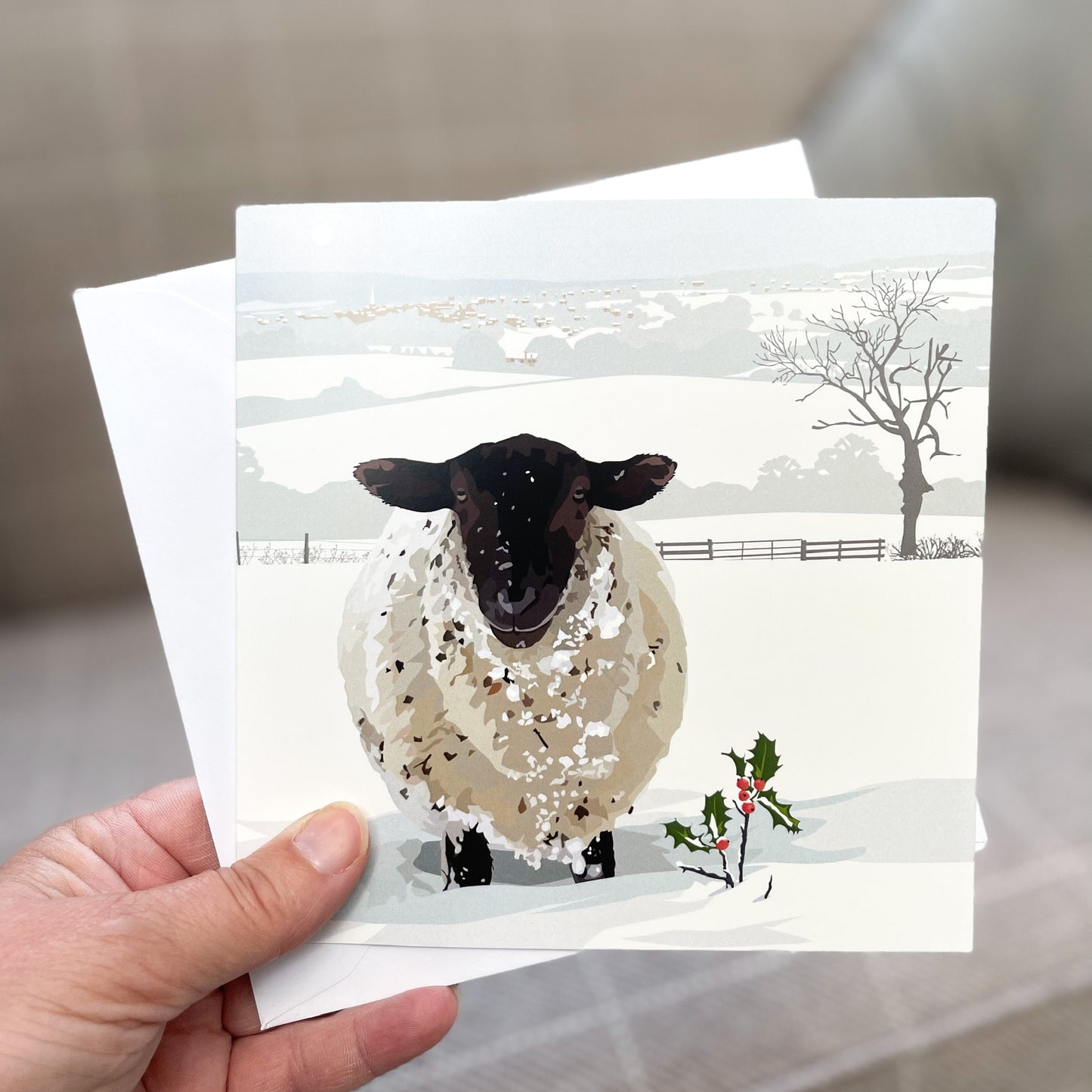 Snowy Sheep near Painswick Blank Card