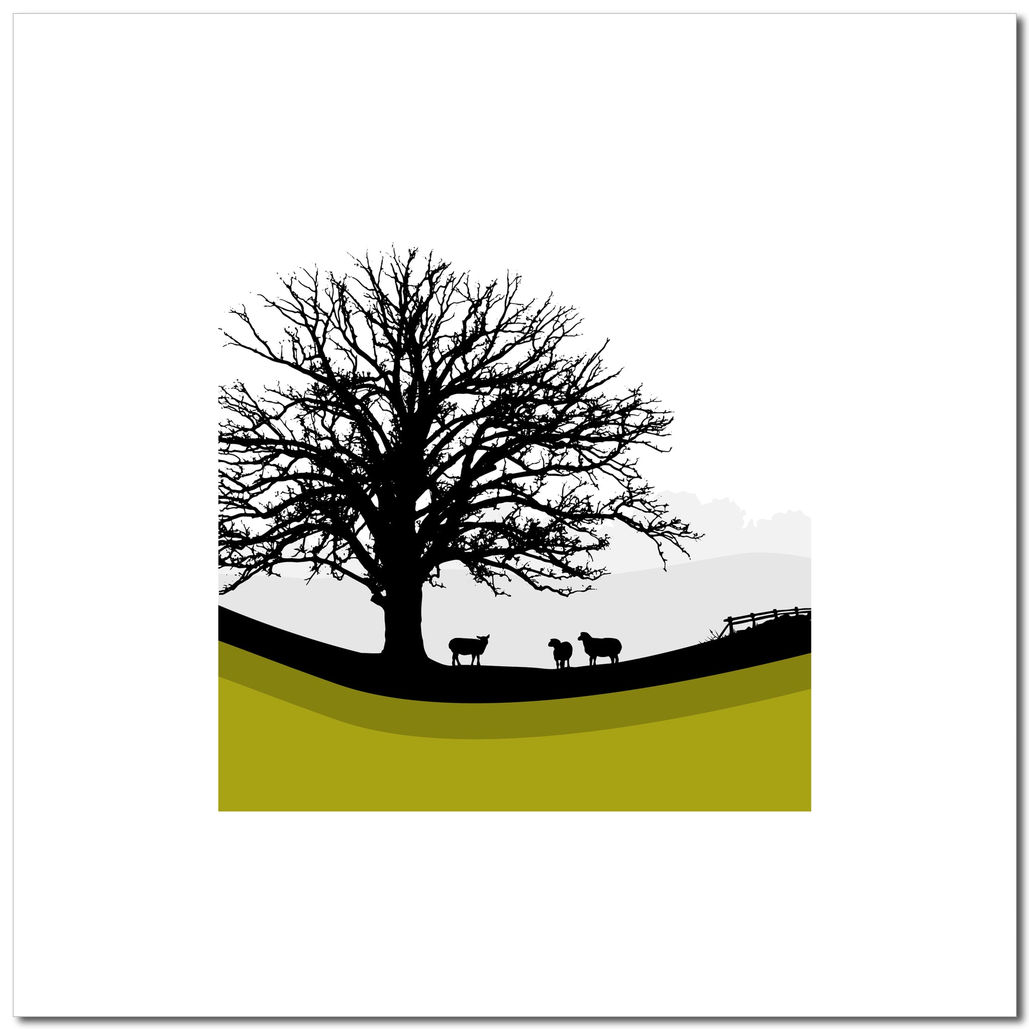 Tree and 3 Sheep - Green - 50 x 50cm - Unframed Print