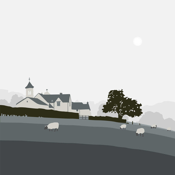 Church and Sheep - Grey - Unframed Print