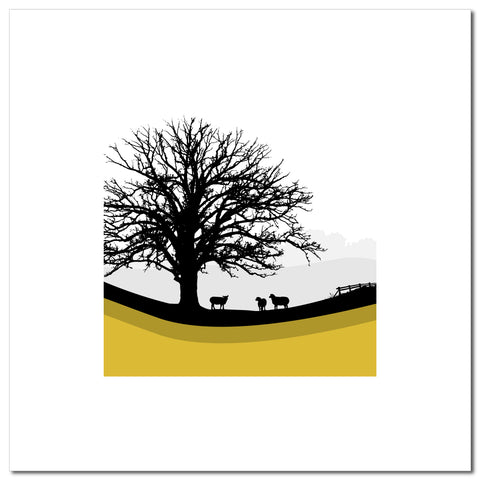 Large Tree and Sheep - Ochre - Unframed Print