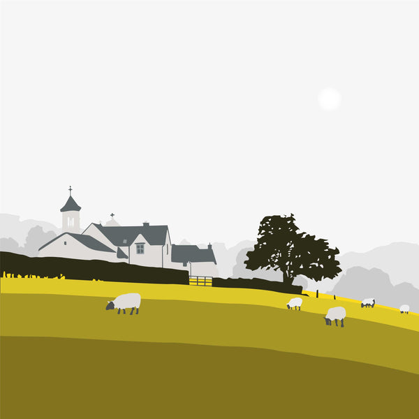 Church and Sheep - Ochre - Unframed Print