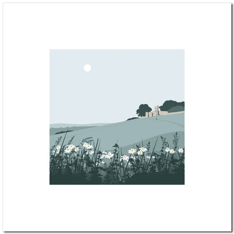 Rodborough Fort with Daisies - Blue - Unframed Print