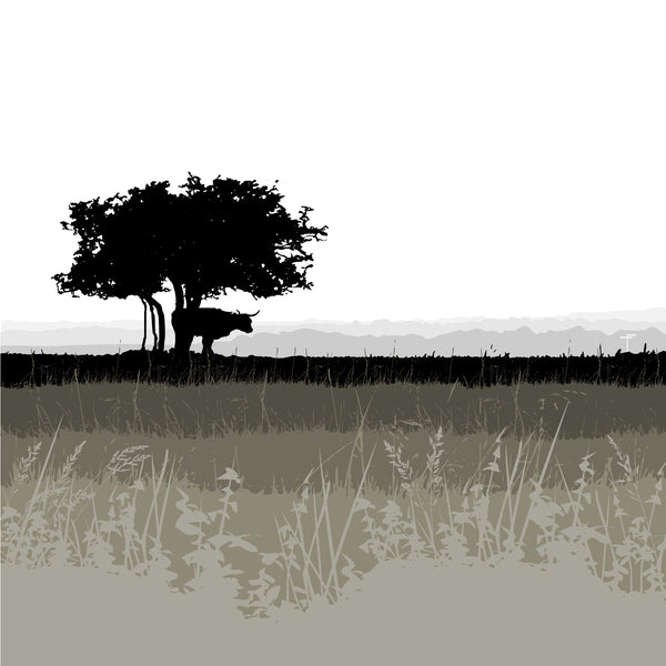 Highland under Tree - Grey - Unframed Ptrint