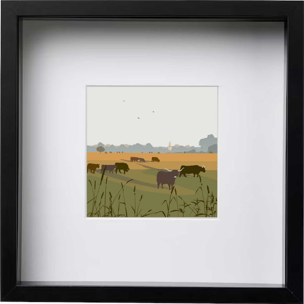 Minchinhampton Common Cows and Church, Gloucestershire - Ochre - Kent and Co Framed Art Print by Nichola Kent