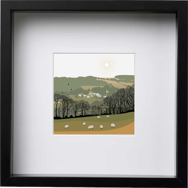 Slad Valley View with the Woolpack Pub fields and sheep, Gloucestershire - Green - Kent & Co Framed Art Print by Nichola Kent