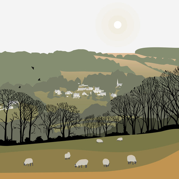 Slad Valley View with the Woolpack Pub fields and sheep, Gloucestershire - Green - Kent & Co Framed Art Print by Nichola Kent