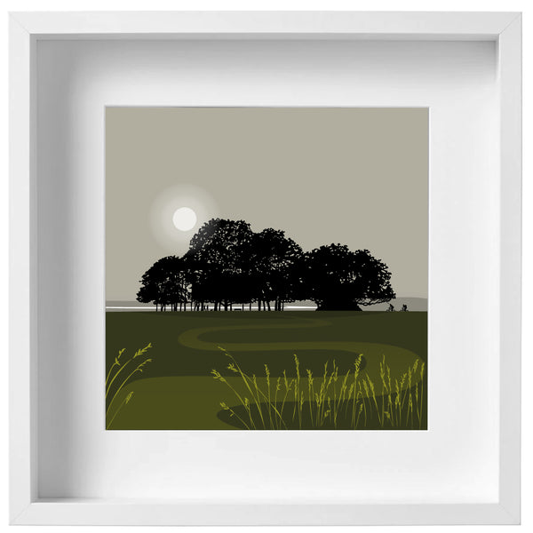 Rodborough Trees, a view from Rodborough Common to the River Severn - Dk Green - Kent & Co Framed Art Print by Nichola Kent