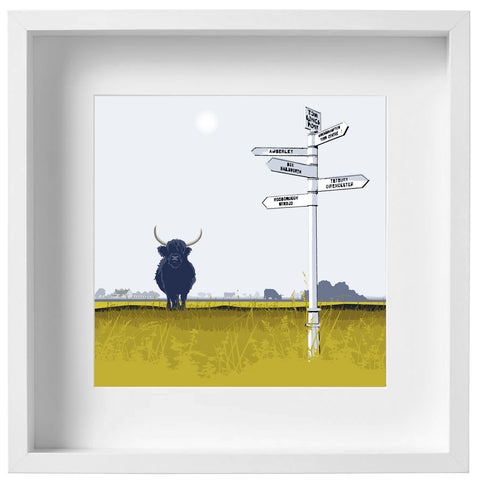 Highland Cows at Tom Longs Post, Minchinhampton Common - Ochre - Kent and Co Framed Art Print by Nichola Kent