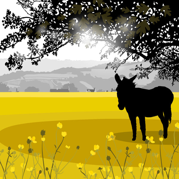 Alfie Donkey and the view to Woodchester Valley vineyard - Ochre - Kent and Co Framed Art Print by Nichola Kent