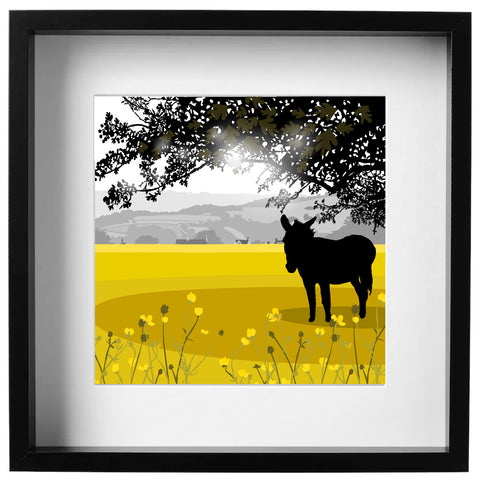 Alfie Donkey and the view to Woodchester Valley vineyard - Ochre - Kent and Co Framed Art Print by Nichola Kent