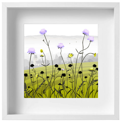 Selsley Common with field scabious - Green - Kent and Co Framed Art Print by Nichola Kent