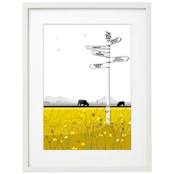 Tom Longs Post with wild flowers - Ochre - A3 - Unframed Giclee Print by Nichola Kent