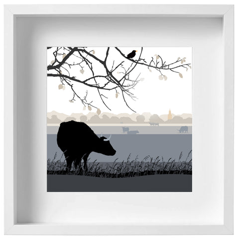 The Lookout! - Cow looking towards Minchinhampton - Grey - Kent and Co Framed Art Print by Nichola Kent