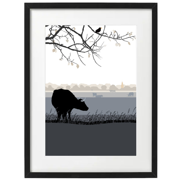 The Lookout, Cow and branch with a view of Minchinhampton - Grey - A3 - Unframed Giclee Print by Nichola Kent