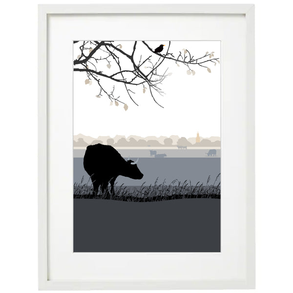 The Lookout, Cow and branch with a view of Minchinhampton - Grey - A3 - Unframed Giclee Print by Nichola Kent