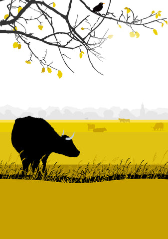 The Lookout, Cow and branch with a view of Minchinhampton - Ochre - A3 - Unframed Giclee Print by Nichola Kent
