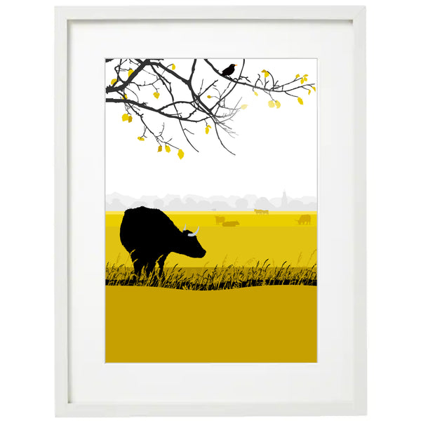 The Lookout, Cow and branch with a view of Minchinhampton - Ochre - A3 - Unframed Giclee Print by Nichola Kent