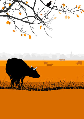 The Lookout, Cow and branch with a view of Minchinhampton - Orange - A3 - Unframed Giclee Print by Nichola Kent