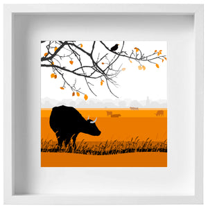 The Lookout! - Cow looking towards Minchinhampton - Orange - Kent and Co Framed Art Print by Nichola Kent