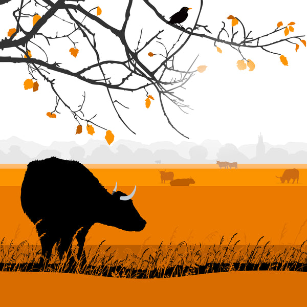 The Lookout! - Cow looking towards Minchinhampton - Orange - Kent and Co Framed Art Print by Nichola Kent