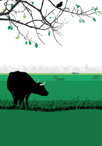 The Lookout, Cow and branch with a view of Minchinhampton - Jade - A3 - Unframed Giclee Print by Nichola Kent