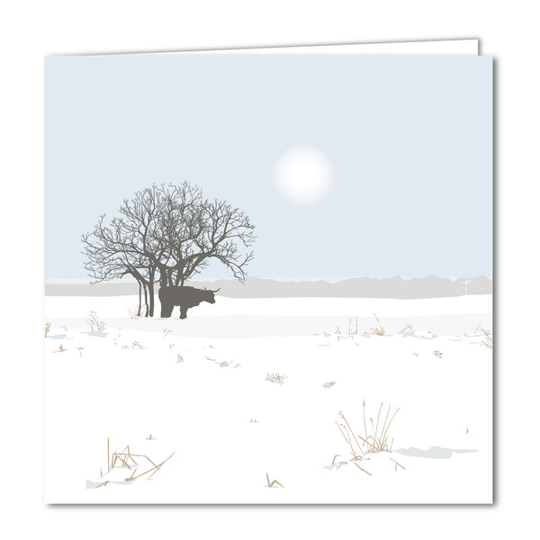 Cow and Tree Minchinhampton Common Snowy Blank Card