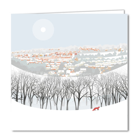 Bisley Road, Stroud. Snowy Blank Christmas Card